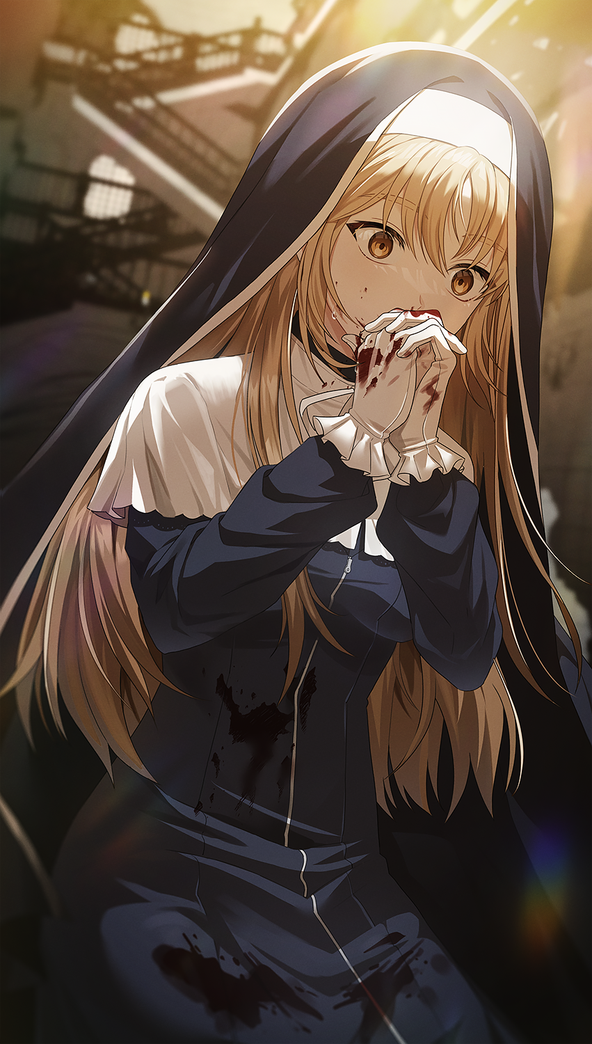 1girl, black_dress, blood, blood_on_clothes, brown_eyes, capelet, commentary, dress, empty_eyes, english_commentary, frilled_gloves, frills, full-length_zipper, gloves, habit, high_collar, highres, hina_(yys8487), interlocked_fingers, kneeling, light_brown_hair, long_hair, long_sleeves, nijisanji, nun, own_hands_clasped, own_hands_together, praying, sister_claire, sister_claire_(1st_costume), solo, sunset, traditional_nun, virtual_youtuber, white_capelet, white_gloves, zipper, zipper_dress