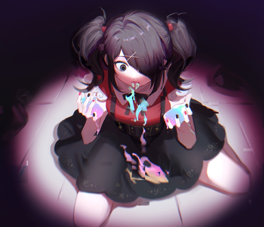 1girl, absurdres, ame-chan_(needy_girl_overdose), black_hair, black_nails, black_ribbon, black_skirt, breasts, collar, collared_shirt, grey_eyes, hair_ornament, hair_over_one_eye, hair_tie, hairclip, highres, huz_(a1438758295), jirai_kei, looking_down, medium_breasts, multicolored_nails, neck_ribbon, needy_girl_overdose, on_floor, open_mouth, red_nails, red_shirt, ribbon, shirt, shirt_tucked_in, sitting, skirt, solo, suspender_skirt, suspenders, twintails, vomit, vomiting_rainbows, white_collar, x_hair_ornament