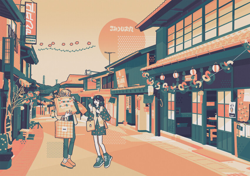 1boy, 1girl, 2girls, bag, black_hair, blonde_hair, blue_flower, building