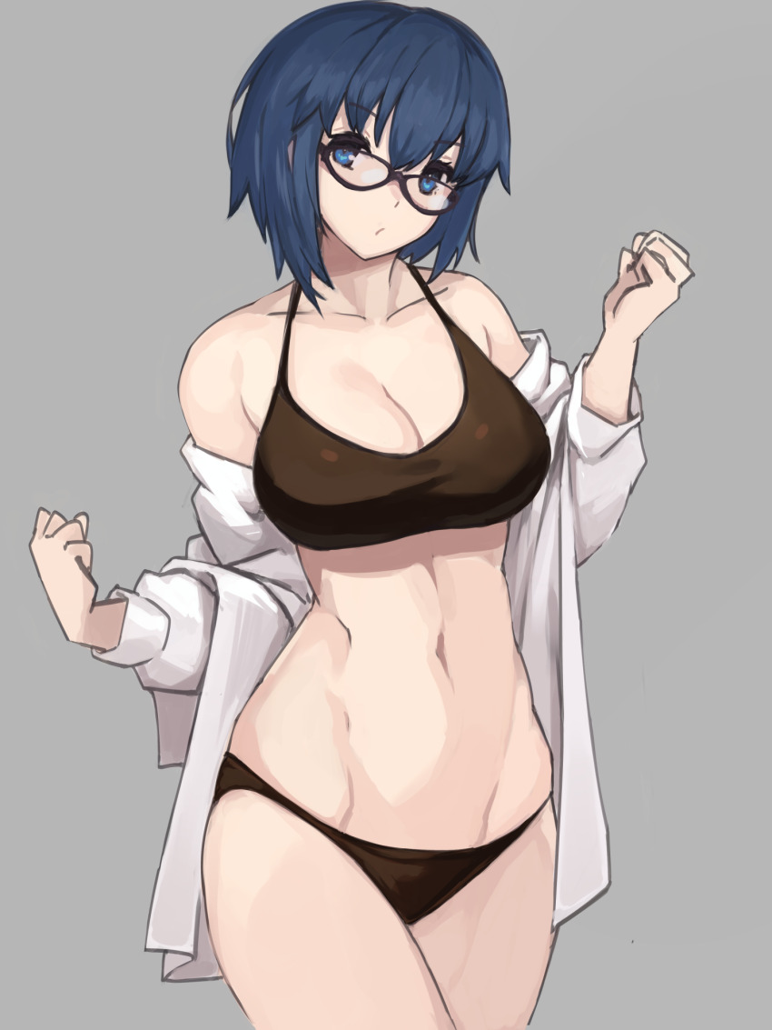 1girl, black-framed_eyewear, black_bra, black_panties, blue_eyes, blue_hair, bra, breasts, ciel_(tsukihime), cleavage, collarbone, commentary_request, dress_shirt, glasses, grey_background, groin, hair_between_eyes, highres, jonyeld, large_breasts, looking_at_viewer, medium_hair, navel, off_shoulder, open_clothes, panties, partially_undressed, shirt, short_hair, simple_background, solo, thighs, tsukihime, underwear, white_shirt