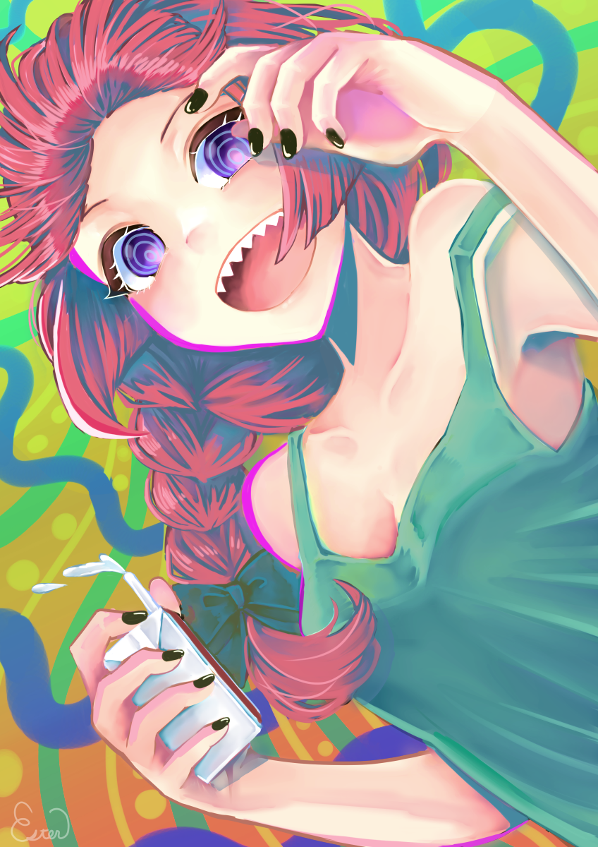 1girl, @_@, alcohol, alcohol_carton, black_bow, black_nails, blunt_bangs, bocchi_the_rock!, bow, braid, dress, drink_carton, green_dress, hair_bow, hair_over_shoulder, highres, hiroi_kikuri, holding, holding_carton, holding_drink_carton, long_hair, medium_dress, open_mouth, polypolyeses, purple_eyes, purple_hair, ringed_eyes, sharp_teeth, single_braid, smile, solo, strap_slip, teeth, upper_body