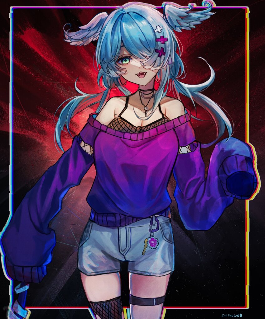 1girl, bare_shoulders, blue_eyes, blue_hair, blue_wings, chiyori08, elira_pendora, fangs