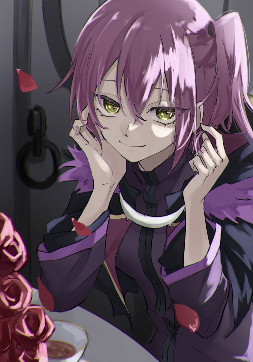 1girl, capelet, closed_mouth, cup, dress, flower, fur_capelet, hair_between_eyes, highres, indoors, long_sleeves, looking_at_viewer, medium_hair, purple_dress, purple_hair, red_flower, red_rose, rose, side_ponytail, slime_(substance), smile, table, teacup, tensei_shitara_slime_datta_ken, ultima_(tensura), upper_body, white_lily831, yellow_eyes