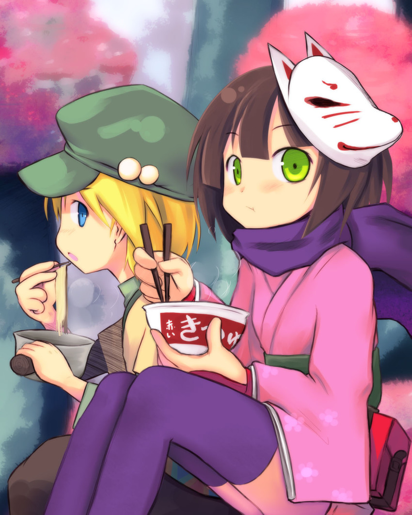 atlus, blonde_hair, blue_eyes, bowl, brown_hair, chopsticks, instant_cup_noodles, eating