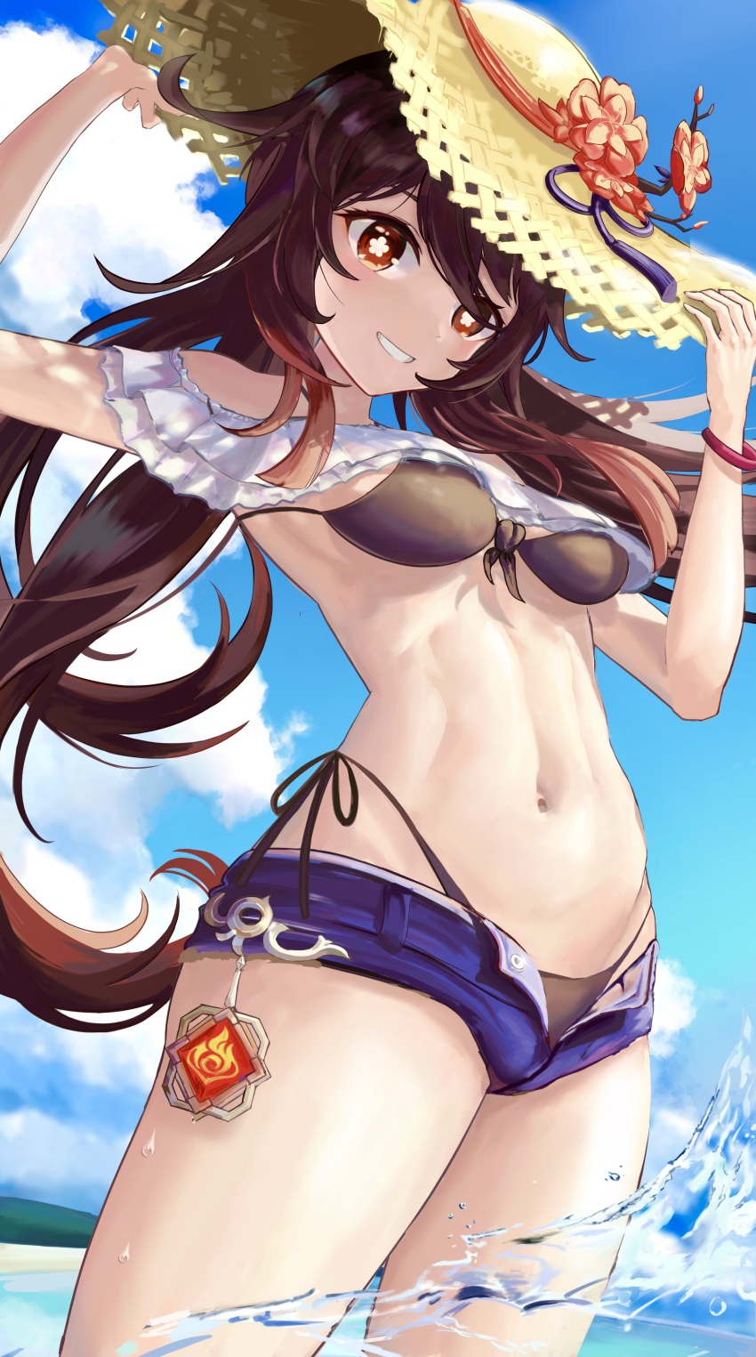1girl, absurdres, alternate_costume, arms_up, bare_shoulders, bikini, bikini_under_clothes, black_bikini, blue_shorts, blue_sky, breasts, cloud, cowboy_shot, crop_top, day, floating_hair, flower, flower-shaped_pupils, frilled_shirt, frills, front-tie_bikini_top, front-tie_top, genshin_impact, hair_between_eyes, hand_on_headwear, hat, hat_flower, highleg, highleg_bikini, highres, hu_tao_(genshin_impact), kun_kun, medium_breasts, micro_shorts, navel, ocean, off-shoulder_shirt, off_shoulder, open_fly, outdoors, red_eyes, shirt, shorts, side-tie_bikini_bottom, sidelocks, sky, solo, stomach, straw_hat, swimsuit, symbol-shaped_pupils, thighs, twintails, vision_(genshin_impact), wading, water, wristband