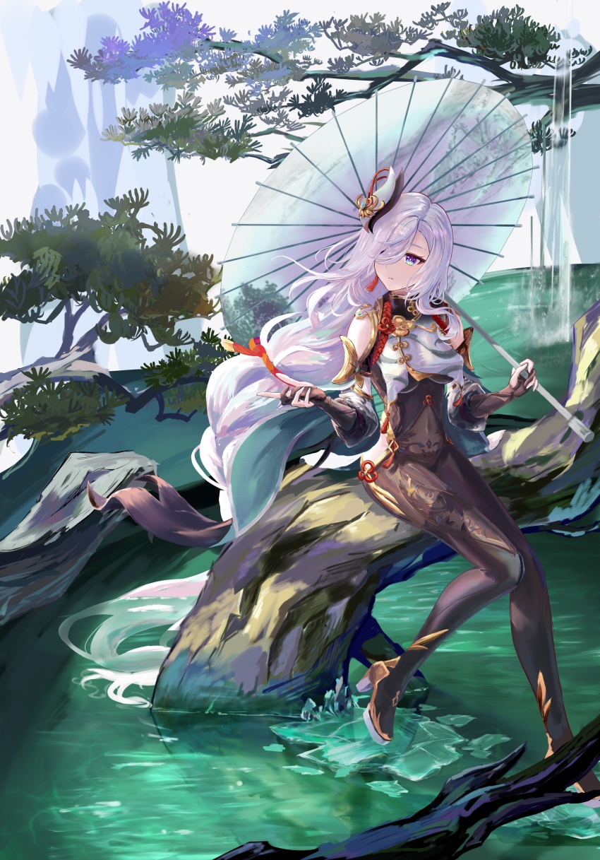 1girl, absurdres, black_bodysuit, black_gloves, blue_eyes, bodysuit, braid, single_breast_curtain