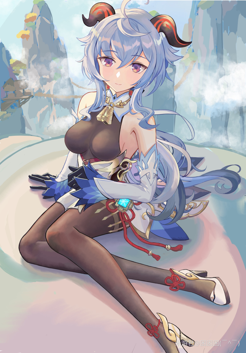 1girl, absurdres, ahoge, arm_support, bare_shoulders, bell, black_bodysuit, black_gloves