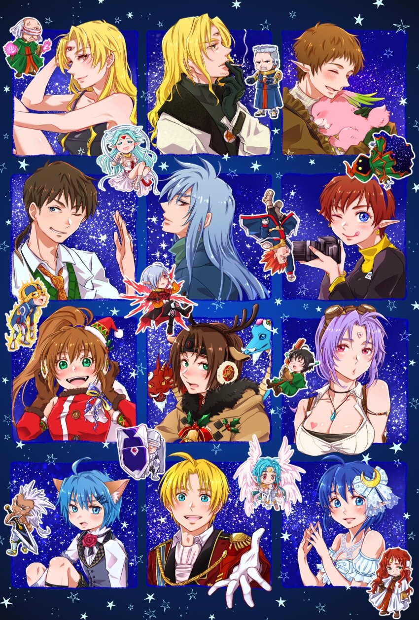 19670615t, aqua_hair, ashton_anchors, black_hair, bowman_jean, breasts, celine_jules, chisato_madison, christmas, claude_c._kenny, cleavage, closed_mouth, dias_flac, ernest_raviede, everyone, filia_(star_ocean), gabriel_(star_ocean), hat, highres, jewelry, large_breasts, leon_geeste, long_hair, looking_at_viewer, lucifer_(star_ocean), medium_breasts, medium_hair, michael_(star_ocean), necklace, noel_chandler, open_mouth, opera_vectra, precis_neumann, rabbit, rena_lanford, santa_hat, short_hair, smile, space, star_(sky), star_ocean, star_ocean:_anamnesis, star_ocean:_the_second_story, sword, weapon, zadkiel_(star_ocean)