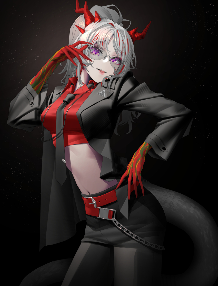 1girl, absurdres, adjusting_eyewear, arknights, arm_tattoo, belt, black_background, black_jacket