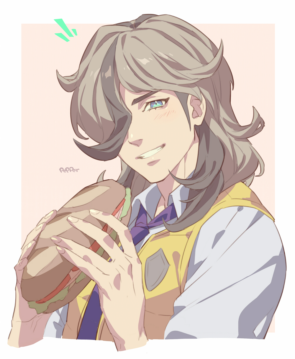 1boy, arven_(pokemon), blush, border, brown_hair, commentary_request, food, green_eyes, grin, hair_over_one_eye, hands_up, highres, holding, holding_food, long_hair, male_focus, necktie, nintendo, notice_lines, open_clothes, open_vest, pokemon, pokemon_scarlet_and_violet, purple_necktie, sandwich, shirt, smile, solo, talgi, teeth, vest, white_border, white_shirt, yellow_vest
