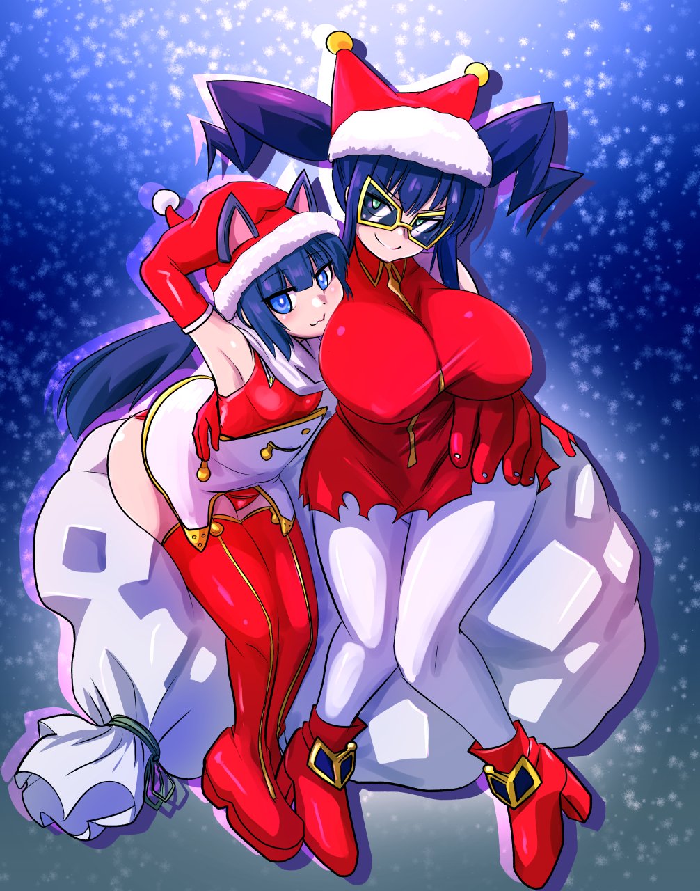 2girls, akeikou, animal_ears, armpits, black_hair, blue_eyes, breasts, cat_ears