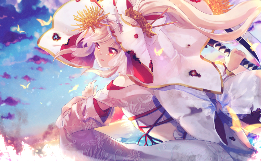 1girl, ayanami_(azur_lane), ayanami_(demon's_finest_dress)_(azur_lane), azur_lane, bird, blonde_hair, blue_sky, cloud