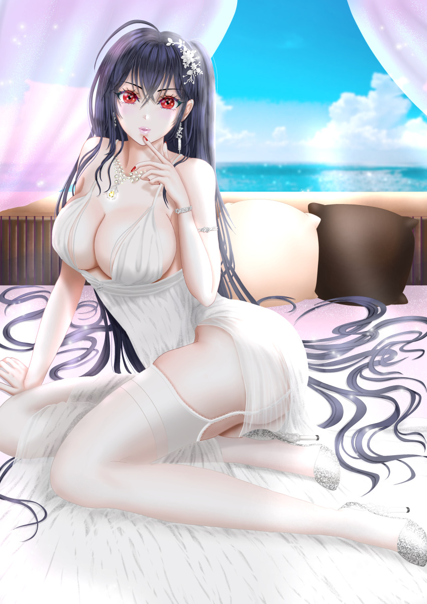 1girl, absurdly_long_hair, absurdres, ass, azur_lane, blue_sky, breasts, center_opening, cocktail_dress, dress, earrings, evening_gown, garter_straps, gem, hair_ornament, highres, jewelry, large_breasts, lips, long_hair, looking_at_viewer, necklace, nyaako, official_alternate_costume, parted_lips, pillow, plunging_neckline, red_eyes, satin_dress, see-through_clothes, see-through_dress, shoes, silver_shoes, sky, sleeveless, sleeveless_dress, solo, taihou_(azur_lane), taihou_(temptation_on_the_sea_breeze)_(azur_lane), thighhighs, very_long_hair, water, wedding_dress, white_dress, white_garter_straps, white_thighhighs, yellow_gem