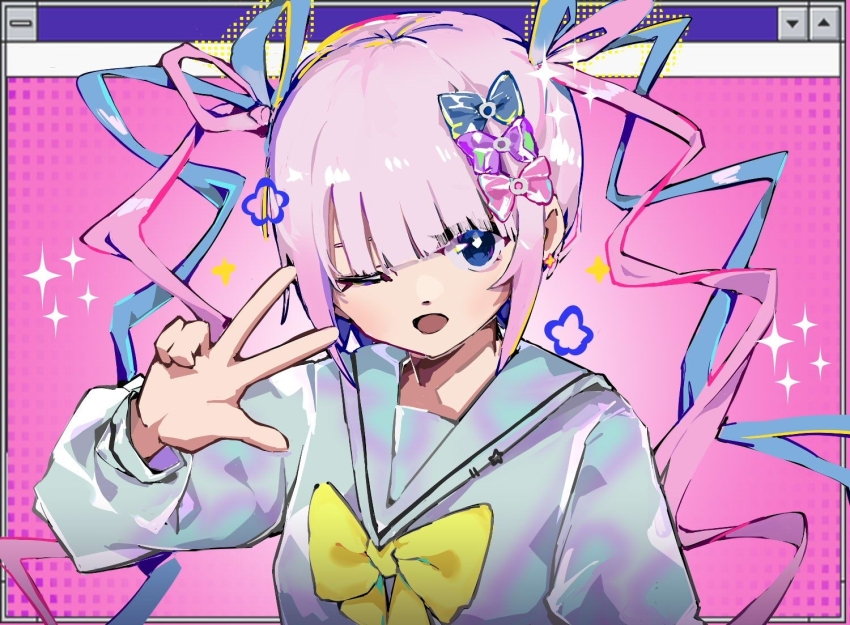 1girl, blonde_hair, blue_bow, blue_eyes, blue_hair, blue_shirt, bow, bowtie