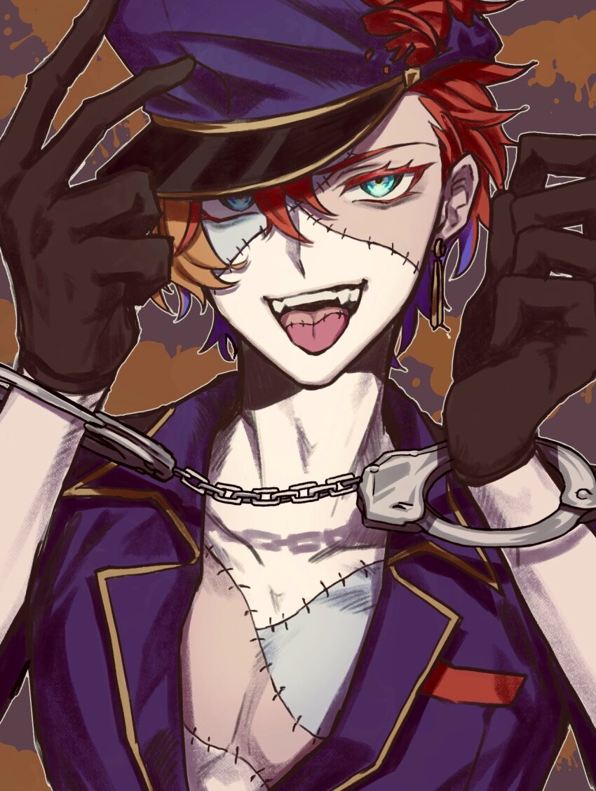 1boy, alternate_costume, aqua_eyes, black_gloves, blue_hat, blue_jacket, bound, bound_wrists, brown_background, colored_eyelashes, cuffs, earrings, fangs, gloves, hair_between_eyes, hakkou0712, handcuffs, hat, highres, hizaki_gamma, holostars, jacket, jewelry, looking_at_viewer, male_focus, multicolored_hair, no_shirt, orange_hair, outline, patchwork_skin, police_hat, purple_hair, red_hair, single_earring, solo, splatter_background, stitched_face, stitched_torso, stitches, streaked_hair, teeth, tongue, tongue_out, torn_clothes, torn_hat, upper_body, upper_teeth_only, virtual_youtuber, white_outline, zombie, zombification