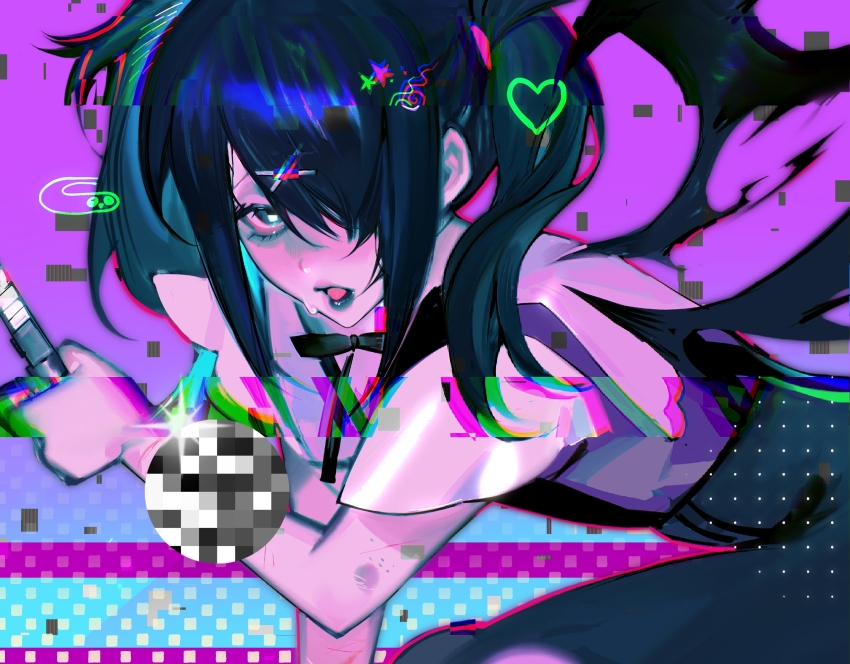 1girl, absurdres, ame-chan_(needy_girl_overdose), black_eyes, black_hair, black_ribbon, black_skirt, blush, boxcutter, censored, collared_shirt, demon_wings, glitch, hair_ornament, hair_over_one_eye, hair_tie, hairclip, heart, highres, holding, holding_boxcutter, jirai_kei, kakukaku666, long_hair, looking_at_viewer, mosaic_censoring, neck_ribbon, needy_girl_overdose, open_mouth, procreate_(medium), red_shirt, ribbon, self-harm, shirt, shirt_tucked_in, skirt, solo, suspender_skirt, suspenders, twintails, wings, x_hair_ornament