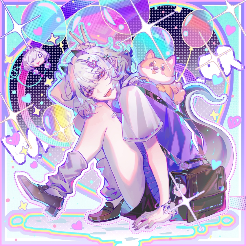 1boy, absurdres, alternate_costume, bag, fangs, flower, full_body, highres