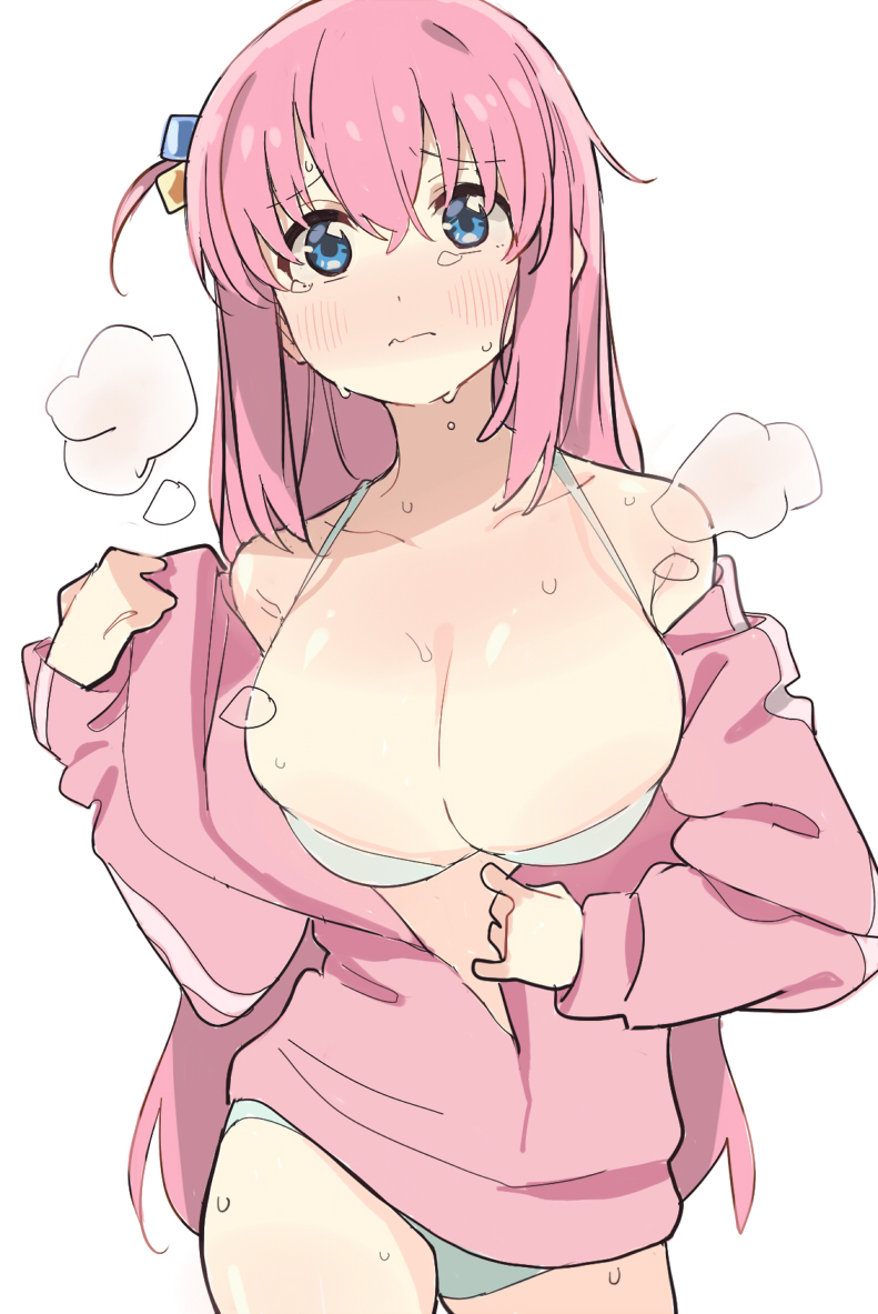 1girl, blue_eyes, blush, bocchi_the_rock!, bra, breasts, cleavage, closed_mouth, cube_hair_ornament, gotoh_hitori, hair_between_eyes, hair_ornament, hei_(tonarinohey), large_breasts, long_hair, long_sleeves, panties, pink_hair, simple_background, solo, sweat, underwear, wavy_mouth, white_background, white_bra, white_panties