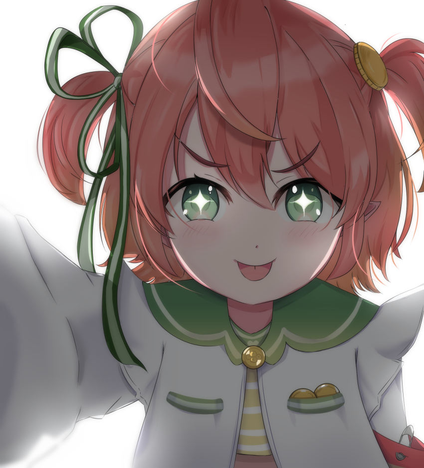 1girl, blush, blush_stickers, coin, commission, ears, fuyo_cloverfield, green_eyes, highres, chromashift, pink_hair, pointy_ears, pov, ribbon, shironomi, shirt, short_hair, tongue, tongue_out, virtual_youtuber