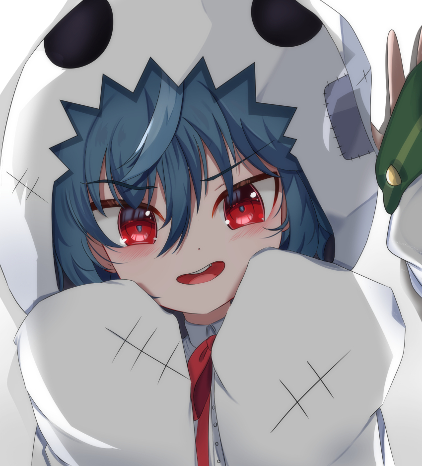 1girl, blue_hair, commission, highres, hood, hoodie, chromashift, long_sleeves, open_mouth, pov, red_eyes, ribbon, shironomi, short_hair, sleeves_past_wrists, teeth, tongue, virtual_youtuber, yuko_yurei