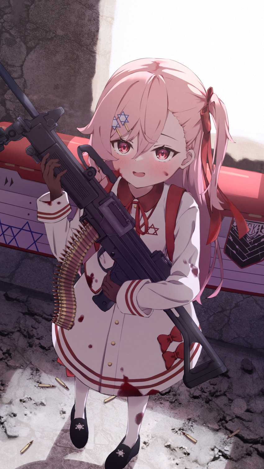 1girl, absurdres, age_regression, aged_down, ammunition_belt, backlighting, backpack, bag