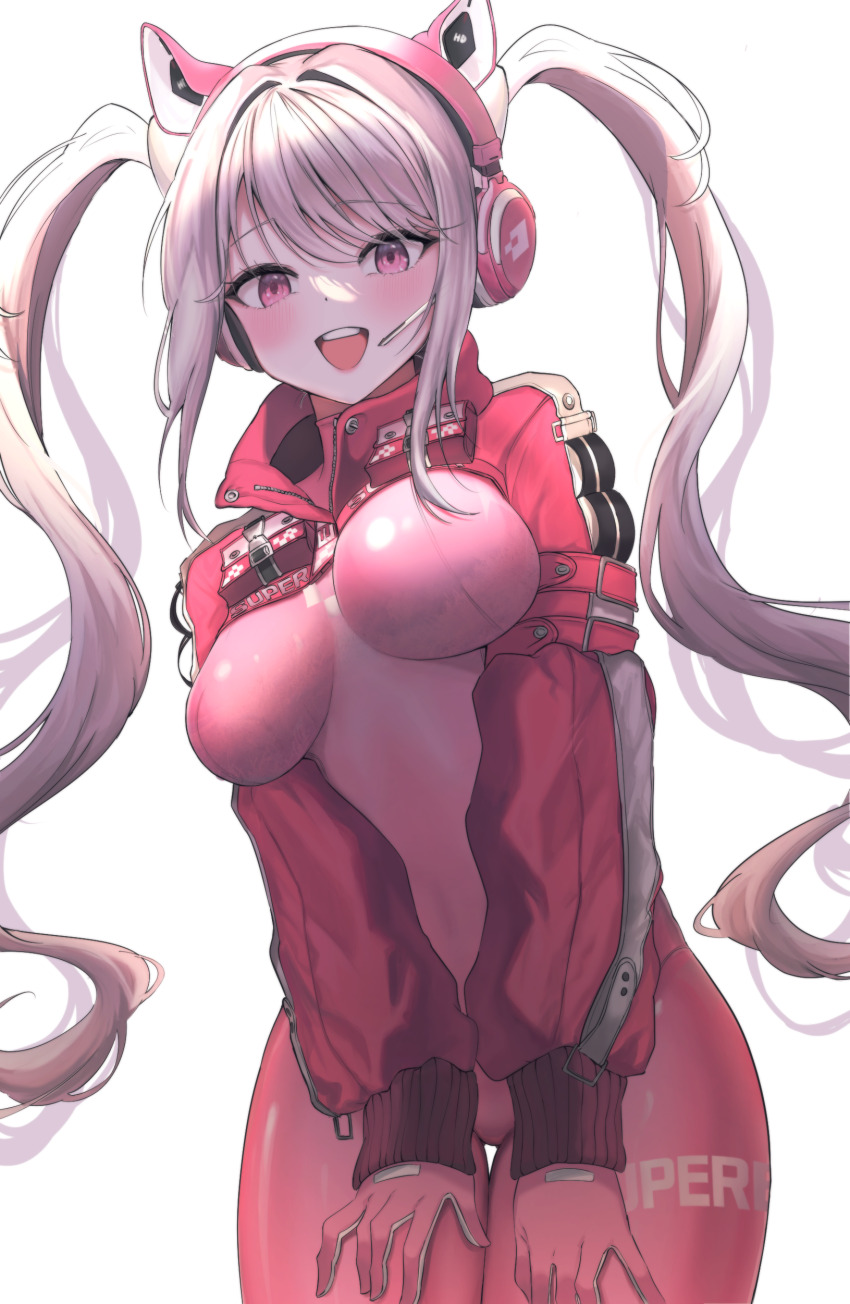 1girl, :d, \||/, absurdres, alice_(nikke), animal_ears, arata_haru, belt, bodysuit, breasts, commentary_request, cowboy_shot, dot_nose, fake_animal_ears, gloves, goddess_of_victory:_nikke, grey_hair, headphones, highres, leaning_forward, long_hair, long_sleeves, looking_at_viewer, medium_breasts, open_mouth, pink_bodysuit, pink_eyes, pink_gloves, red_sleeves, shrug_(clothing), simple_background, smile, thigh_gap, twintails, very_long_hair, white_background, white_hair