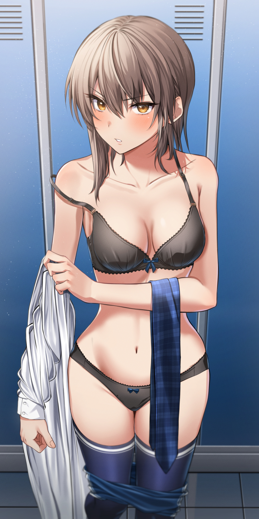 1girl, absurdres, bare_shoulders, black_bra, blue_necktie, blue_skirt, blue_thighhighs, blush