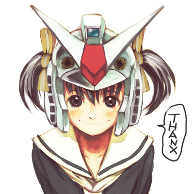 00s, 1girl, antennae, black_eyes, black_hair, blush, female_focus, gundam, helmet, lillian_girls'_academy_school_uniform, lowres, maria-sama_ga_miteru, nagasawa_shin, school_uniform, smile, solo, speech_bubble, twintails