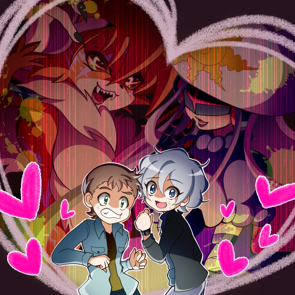 2boys, 2girls, animal_ears, blue_eyes, cat, cat_ears, cat_girl, digimon, digimon_ghost_game, femdom, fukatsu_riko, heart, hetero, higashimitarai_kiyoshiro, jellyfish, jellyfish_girl, mask, meicrackmon_vicious_mode, monster_girl, multiple_boys, multiple_girls, sharp_teeth, short_hair, teeth, tentacle_hair, tentacles, thetismon, white_hair