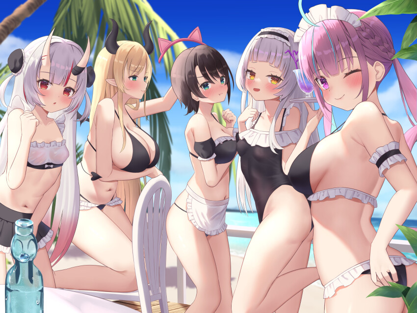 5girls, :d, :o, :t, ;), animal_ear_hairband, animal_ears, apron, arm_garter, bare_arms, bare_legs, bare_shoulders, beach, bikini, bikini_skirt, black_bikini, black_one-piece_swimsuit, black_skirt, black_tail, blonde_hair, blue_sky, blunt_bangs, blush, bottle, breasts, brown_hair, bun_cover, cat_ear_hairband, cat_ears, chair, cleavage, clenched_hand, commentary_request, day, demon_horns, demon_tail, double_bun, drink, fake_animal_ears, frilled_apron, frilled_bikini, frilled_garter, frilled_hairband, frilled_skirt, frills, from_side, glass, green_eyes, grey_hair, hair_bun, hairband, halterneck, hand_up, highleg, highleg_swimsuit, highres, holding, holding_tray, hololive, horns, kneeling, large_breasts, leaf, leg_up, long_hair, looking_at_another, looking_at_viewer, maid, maid_bikini, maid_headdress, maid_one-piece_swimsuit, medium_breasts, minato_aqua, miniskirt, multicolored_hair, multiple_girls, murasaki_shion, nakiri_ayame, navel, ocean, one-piece_swimsuit, one_eye_closed, oozora_subaru, open_mouth, outdoors, palm_tree, parted_lips, pink_eyes, pointy_ears, pout, ramune, red_hair, saki_(saki_paint), see-through_clothes, short_hair, sideboob, sidelocks, skin-covered_horns, skirt, sky, small_breasts, smile, standing, standing_on_one_leg, strap_gap, streaked_hair, string_bikini, swimsuit, tail, thighs, tray, tree, unconventional_maid, unworn_hairband, virtual_youtuber, waist_apron, white_hair, yellow_eyes, yuzuki_choco
