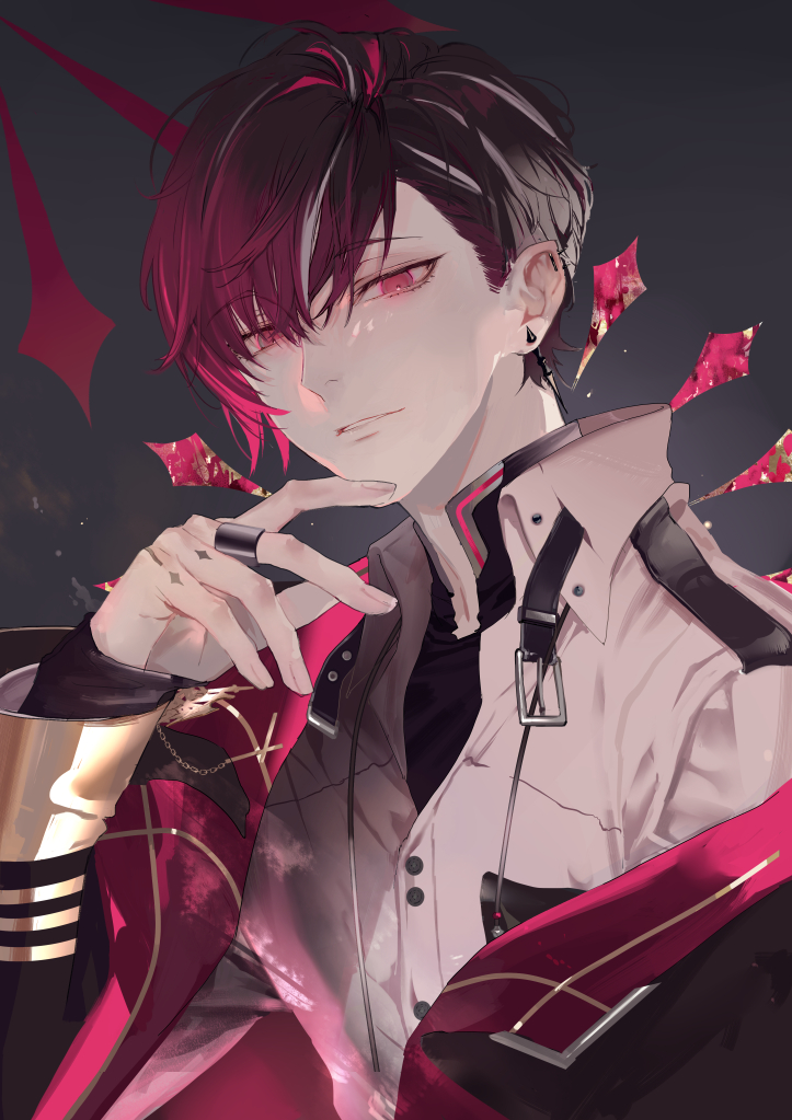 1boy, asymmetrical_bangs, belt, black_belt, black_hair, black_jacket, black_shirt, breast_pocket, buttons, collared_shirt, commentary, commentary_request, drawstring, ear_piercing, earrings, english_commentary, expressionless, eyelashes, fuyuomi, gold_trim, gradient_hair, grey_background, grey_hair, hair_behind_ear, hand_up, jacket, jewelry, lapels, long_sleeves, looking_at_viewer, male_focus, mixed-language_commentary, multicolored_hair, nijisanji, nijisanji_en, off_shoulder, open_clothes, open_jacket, parted_bangs, parted_lips, piercing, pocket, red_eyes, red_hair, ring, shirt, short_hair, solo, spiked_ear_piercing, spikes, streaked_hair, upper_body, ver_vermillion, virtual_youtuber, white_shirt, wing_collar