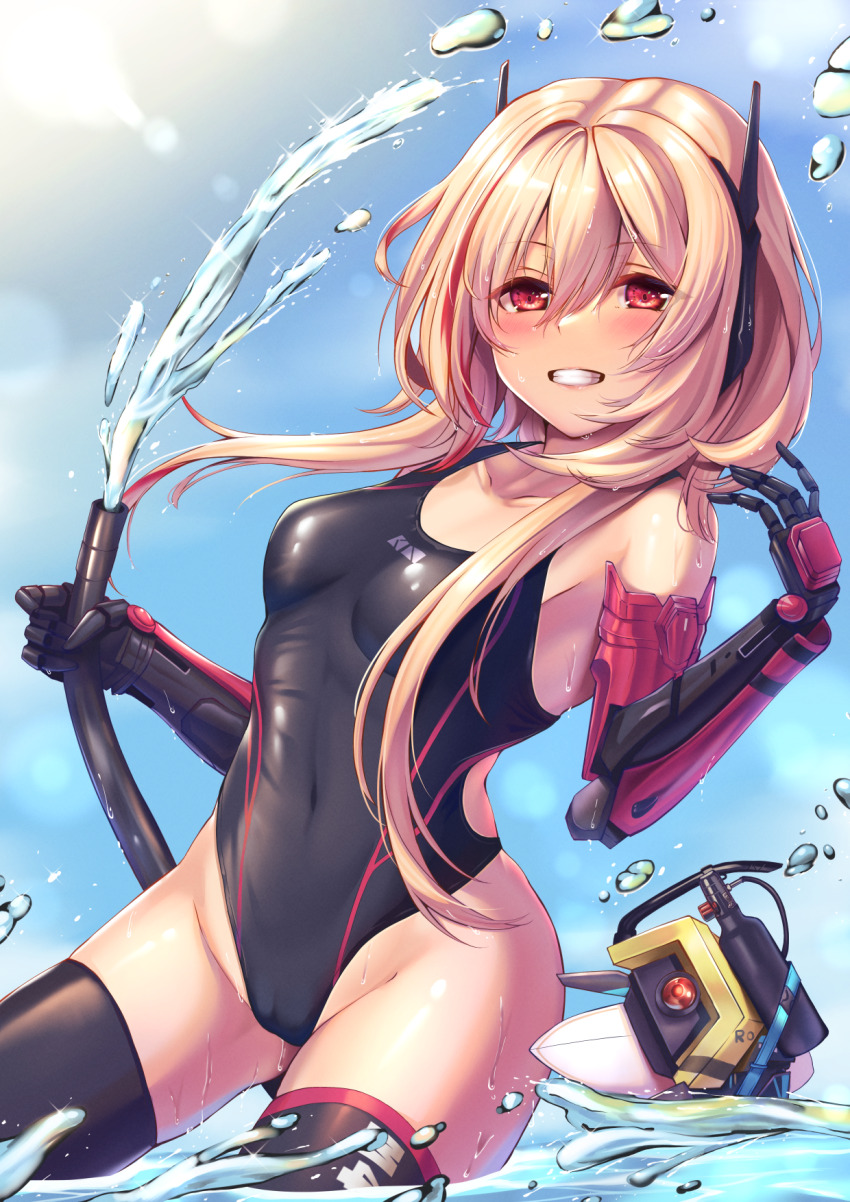 1girl, banana_(girls'_frontline), black_one-piece_swimsuit, black_thighhighs, blonde_hair, blue_sky, breasts, cloud