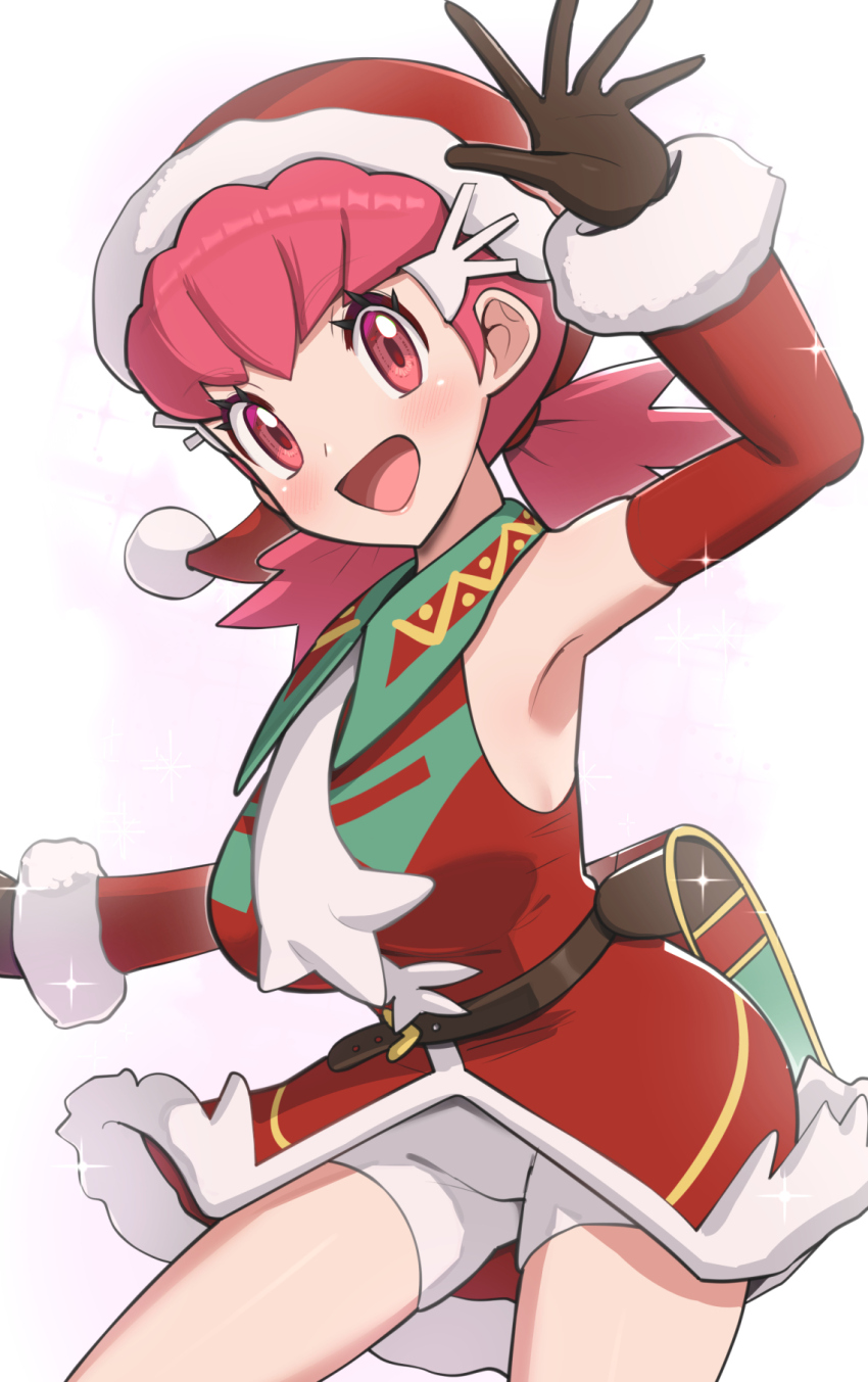 1girl, :d, arm_up, armpits, belt, breasts, brown_belt, brown_gloves