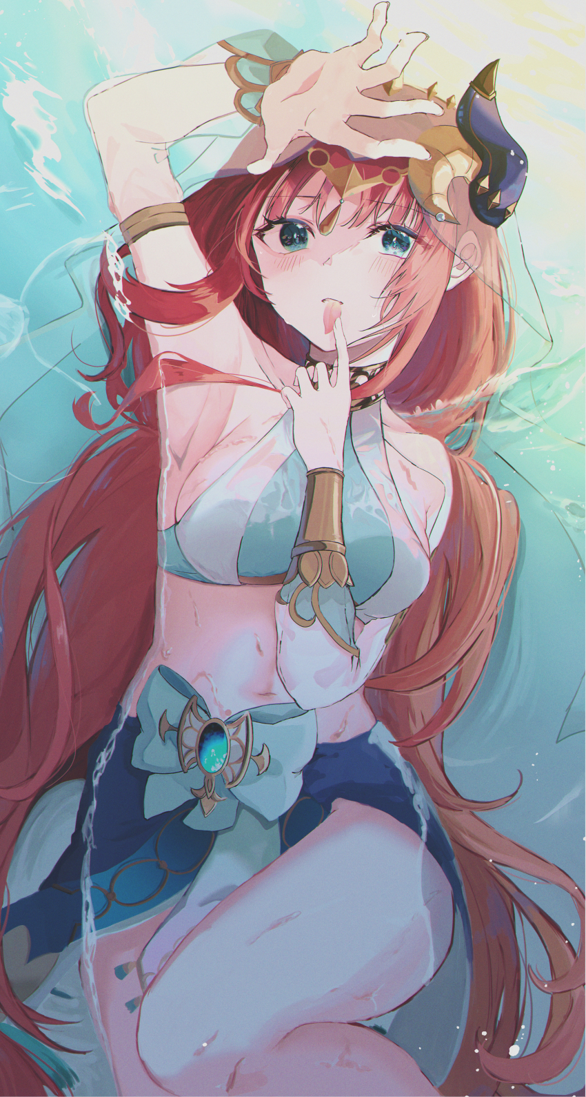 1girl, absurdres, aqua_eyes, arm_up, armpits, bare_shoulders, blue_bow, blue_gem