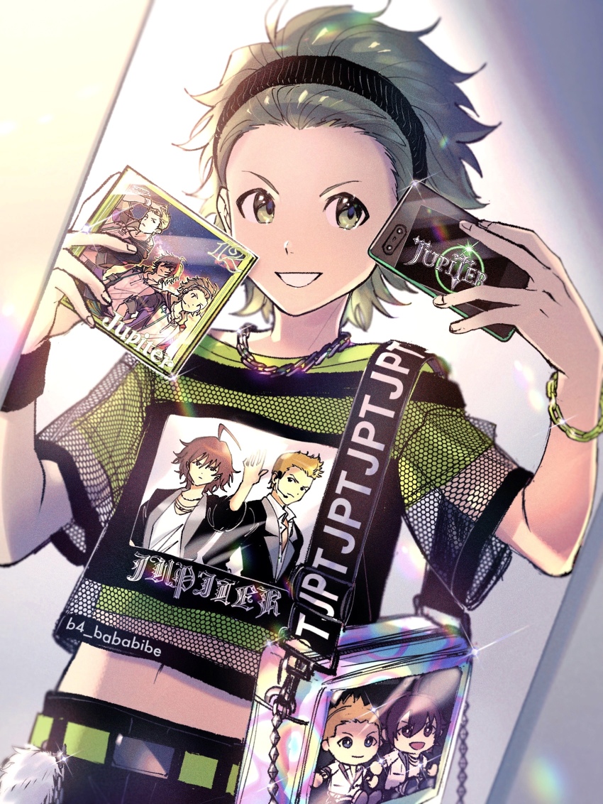 1boy, ahoge, album_cover, amagase_touma, artist_name, b4_bababibe, bracelet, cd_case, cellphone, character_print, cover, fingernails, fishnet_top, fishnets, green_eyes, green_hair, green_shirt, highres, holding, holding_phone, idolmaster, idolmaster_(classic), idolmaster_2, idolmaster_side-m, ijuuin_hokuto, jewelry, jupiter_(idolmaster), male_focus, midriff, mirror, mirror_selfie, mitarai_shouta, navel, phone, see-through_clothes, see-through_shirt, selfie, shirt, short_sleeves, smartphone, smile