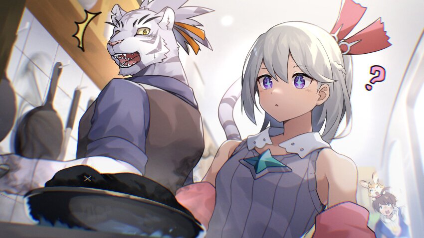 +_+, 1girl, 2boys, ?, ^^^, alk_(world_flipper), animal_ears, animal_nose