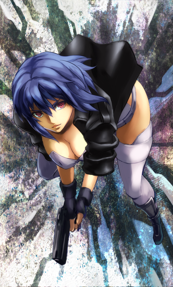 1girl, blue_hair, boots, breasts, cleavage, female_focus, fingerless_gloves, from_above
