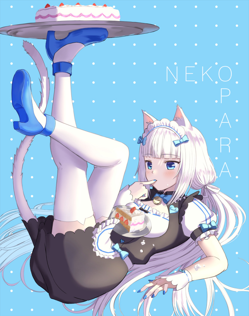 1girl, animal_ear_fluff, animal_ear_legwear, animal_ears, apron, arm_at_side, bell, black_dress, blue_background, blue_bow, blue_bowtie, blue_eyes, blue_footwear, blue_nails, blunt_bangs, blush, bow, bowtie, breasts, buttons, cake, cat_ear_legwear, cat_ear_thighhighs, cat_ears, cat_girl, cat_tail, cat_thighhighs, cleavage_cutout, clothing_cutout, copyright_name, cream_on_arm, cream_on_body, crossed_legs, dot_nose, dress, expressionless, eyelashes, finger_in_own_mouth, fingerless_gloves, food, frilled_apron, frilled_dress, frilled_sleeves, frills, fruit, full_body, gloves, hair_bow, headband, heart_button, highres, holding, holding_tray, long_hair, looking_at_hand, low_twintails, lying, maid_headdress, miniskirt, nail_polish, neck_bell, nekopara, polka_dot, polka_dot_background, puffy_short_sleeves, puffy_sleeves, sayuui, short_sleeves, sidelocks, skirt, small_breasts, solo, strawberry, tail, thighhighs, thighs, tray, twintails, vanilla_(nekopara), very_long_hair, waitress, white_apron, white_gloves, white_hair, white_headband, white_tail, white_thighhighs, zettai_ryouiki