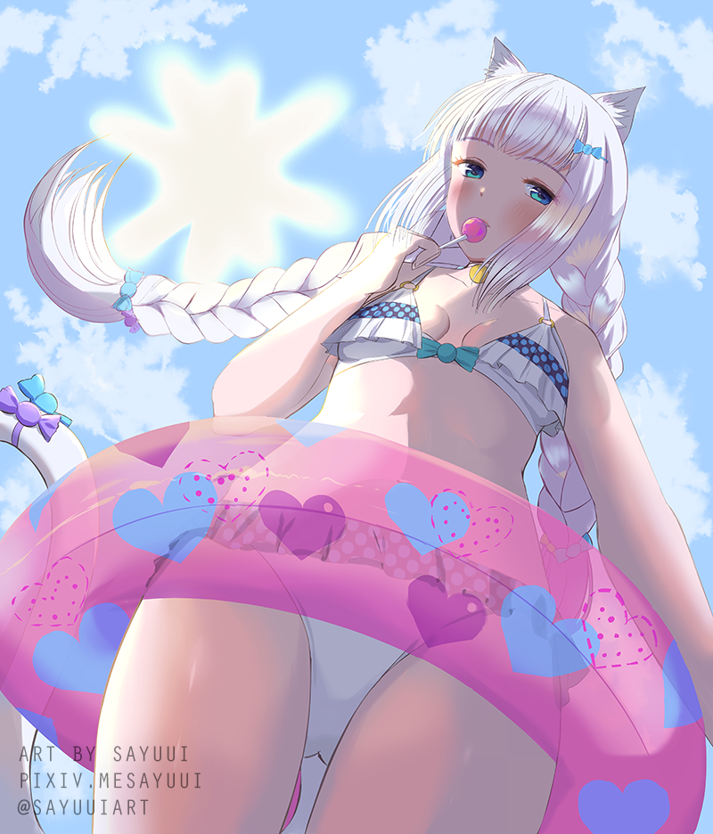 1girl, animal_ear_fluff, animal_ears, arm_at_side, bare_legs, bare_shoulders, bell, bikini, blue_bow, blue_eyes, blunt_bangs, blush, bow, braid, breasts, candy, cat, cat_ears, cat_girl, cat_tail, cloud, dot_nose, eyelashes, food, frilled_bikini, frills, from_below, gluteal_fold, hair_bow, half-closed_eyes, hand_up, heart, heart_print, holding, holding_candy, holding_food, holding_lollipop, holding_swim_ring, innertube, lollipop, long_hair, looking_at_viewer, low-braided_long_hair, low-tied_long_hair, neck_bell, nekopara, o-ring, o-ring_bikini, parted_lips, purple_bow, sayuui, shaded_face, sidelocks, sky, small_breasts, sunlight, swim_ring, swimsuit, tail, tail_bow, tail_ornament, thigh_gap, thighs, twin_braids, twintails, vanilla_(nekopara), white_bikini, white_hair, white_tail