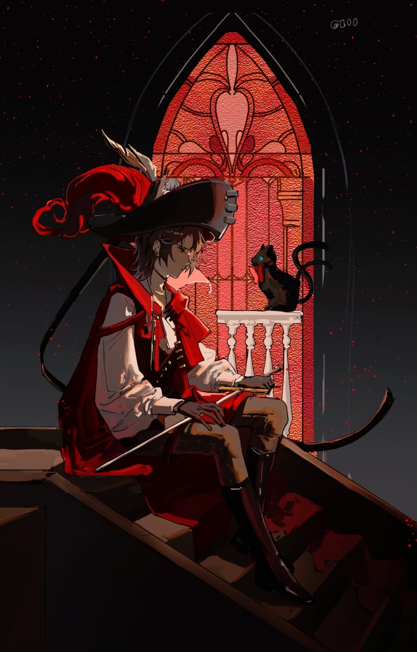 1boy, absurdres, arknights, black_boots, black_hat, black_vest, boots, brown_eyes, brown_hair, brown_pants, cape, chinese_commentary, miss_christine_(arknights), closed_mouth, commentary_request, from_side, fyy2333, hat, highres, looking_down, male_focus, pants, phantom_(arknights), phantom_(focus)_(arknights), profile, red_cape, shirt, short_hair, sitting, solo, stained_glass, stairs, sword, vest, weapon, white_shirt, window