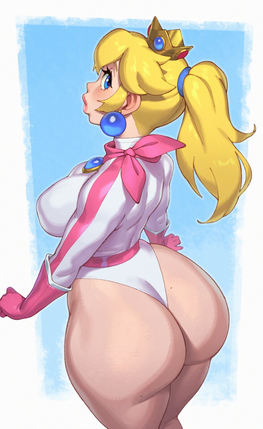 1girl, absurdres, adapted_costume, ass, ass_focus, bandana, bare_legs, biker_clothes, biker_peach, bikesuit, blonde_hair, blue_eyes, bodysuit, breasts, crown, curvy, earrings, gloves, highleg, highleg_leotard, highres, huge_ass, jewelry, large_breasts, leotard, lips, long_hair, looking_at_viewer, looking_back, mario_(series), mario_kart, mario_kart_wii, mole, mole_on_ass, nintendo, ponytail, princess_peach, riz, skindentation, solo, sphere_earrings, thick_lips, thick_thighs, thighs, thong_leotard, white_leotard, wide_hips