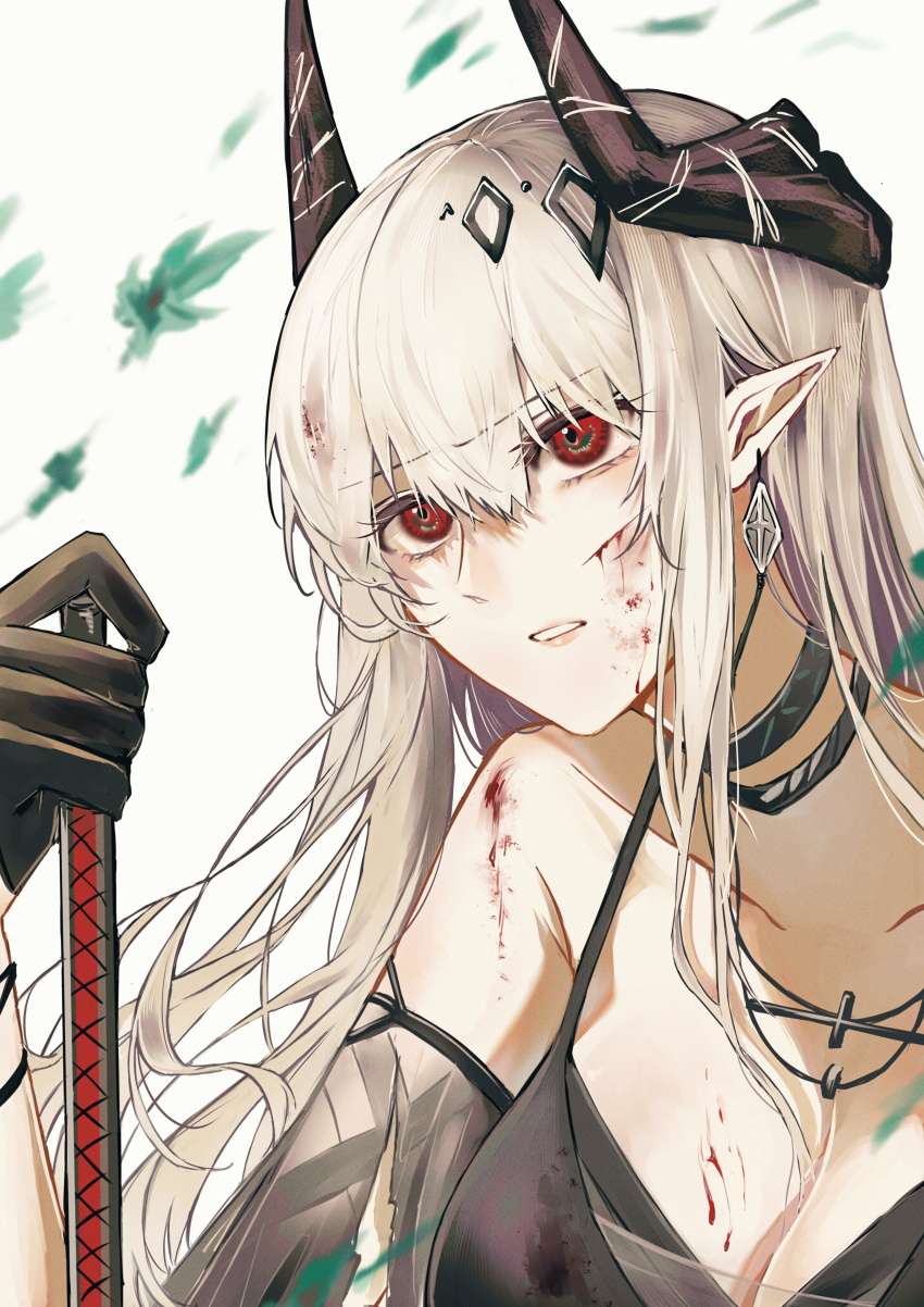 1girl, absurdres, arknights, black_choker, black_gloves, blood, blood_on_face, breasts