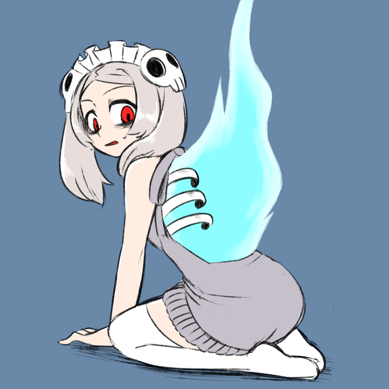 1girl, all_fours, asagao_(bikaburi), bloody_marie_(skullgirls), blue_background, fire, grey_hair, hair_ornament, kneeling, looking_back, maid_headdress, open_mouth, red_eyes, ribs, skeleton, skull_hair_ornament, skullgirls, solo, sweatdrop, thighhighs, twintails, virgin_killer_sweater