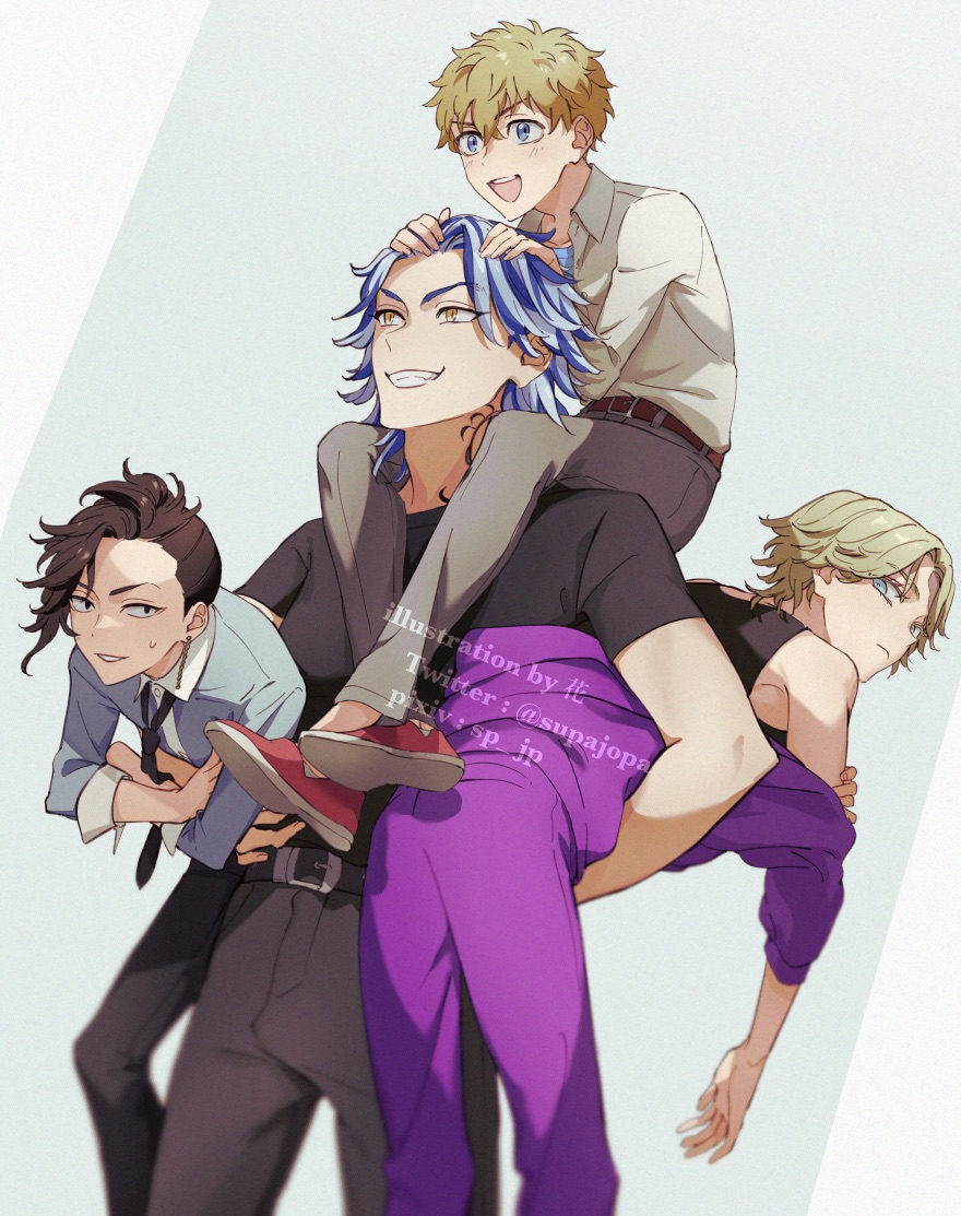 4boys, :d, artist_name, asymmetrical_hair, belt, belt_buckle, black_belt, black_hair, black_necktie, black_pants, black_shirt, blonde_hair, blue_eyes, blue_hair, blue_shirt, brown_belt, buckle, buttons, carrying, closed_mouth, commentary, cowboy_shot, crossed_arms, dress_shirt, earrings, expressionless, full_body, grey_background, grey_pants, grin, hair_between_eyes, hanagaki_takemichi, hands_on_another's_head, hands_up, hua_(supa_jopa), inui_seishu, jacket, jewelry, kokonoi_hajime, long_sleeves, looking_at_viewer, looking_away, looking_back, male_focus, multiple_boys, neck_tattoo, necktie, off_shoulder, open_mouth, pants, parted_bangs, purple_jacket, purple_pants, red_footwear, shiba_taiju, shirt, shirt_tucked_in, shoes, short_hair, short_sleeves, sidecut, simple_background, single_earring, sleeveless, sleeveless_shirt, sleeves_rolled_up, smile, standing, sweatdrop, t-shirt, tattoo, teeth, tokyo_revengers, tsurime, twitter_username, two-tone_background, undercut, upper_teeth_only, v-shaped_eyebrows, watermark, white_background, yellow_eyes