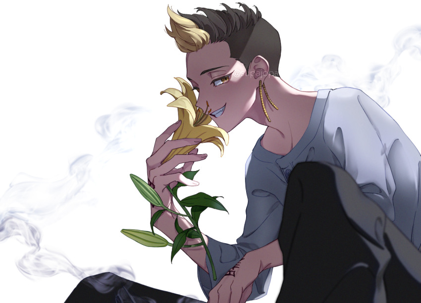 1boy, artist_name, black_hair, black_pants, blonde_hair, blue_shirt, brown_eyes, buttons