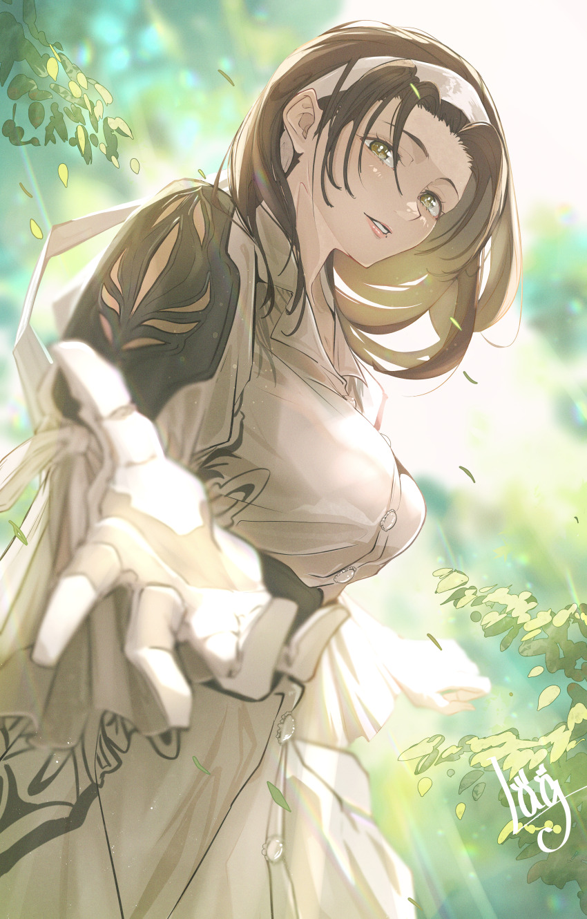 1girl, absurdres, black_hair, brown_eyes, forest, highres, holding_hand_out, kazama_jun, lag_(artist), namco, nature, sunlight, tekken, tekken_2, tekken_8, tekken_tag_tournament, tekken_tag_tournament_2