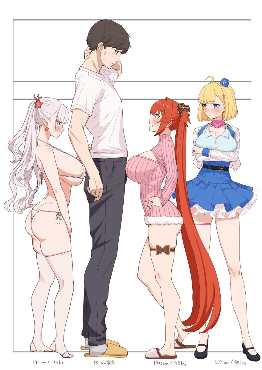 1boy, 3girls, ahoge, arms_under_breasts, ass, belt, bikini, black_footwear, black_pants, blonde_hair, blue_eyes, blue_shirt, blue_skirt, blush, bow, breasts, brown_hair, butt_crack, character_request, closed_mouth, commander_(last_origin), commentary_request, cropped_jacket, crossed_arms, curvy, draculina_(last_origin), earrings, garrison_cap, grey_hair, griffon_(last_origin), hair_bow, hair_ornament, hairclip, hand_on_own_neck, hand_up, hands_on_own_hips, hands_up, hat, height_chart, height_difference, highres, holding_another's_arm, jacket, jewelry, large_breasts, last_origin, leg_ribbon, long_hair, looking_at_another, looking_down, looking_to_the_side, looking_up, may_of_doom, miman_(hasutaro_stream), multiple_girls, official_alternate_costume, open-chest_sweater, open_mouth, pants, pink_sweater, red_hair, ribbed_sweater, ribbon, ring, shirt, shoes, short_hair, short_sleeves, shortstack, side-tie_bikini_bottom, sidelocks, simple_background, skirt, slippers, socks, standing, star_(symbol), star_earrings, stirrup_legwear, sweater, swimsuit, thighhighs, toeless_legwear, twintails, very_long_hair, white_background, white_bikini, white_jacket, white_shirt, white_thighhighs, yellow_slippers