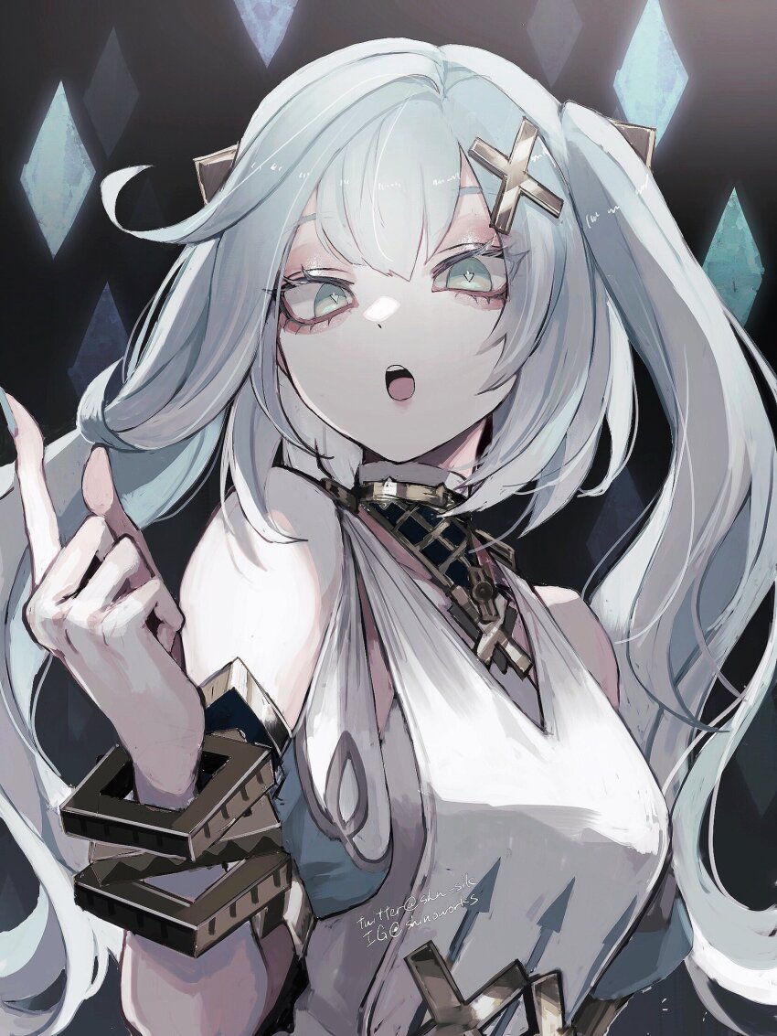 1girl, bare_shoulders, commentary_request, diamond_(shape), dress, eyes_visible_through_hair, faruzan_(genshin_impact), genshin_impact, green_eyes, grey_hair, hair_ornament, hand_up, highres, index_finger_raised, instagram_username, jewelry, long_hair, open_mouth, shino_(shino-xx), solo, teeth, twintails, twitter_username, upper_body, upper_teeth_only, white_dress, x_hair_ornament