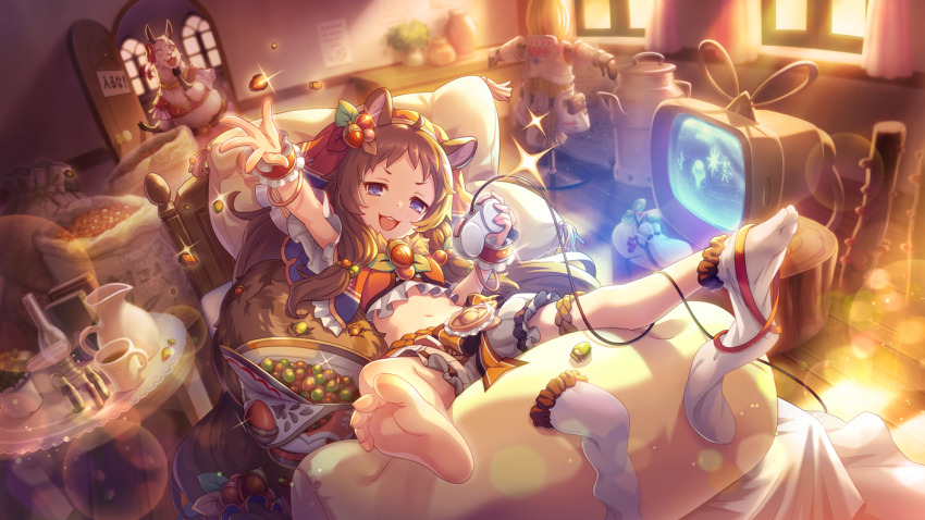 1girl, acorn, animal_ears, bed, brown_hair, game_console, long_hair, looking_at_viewer