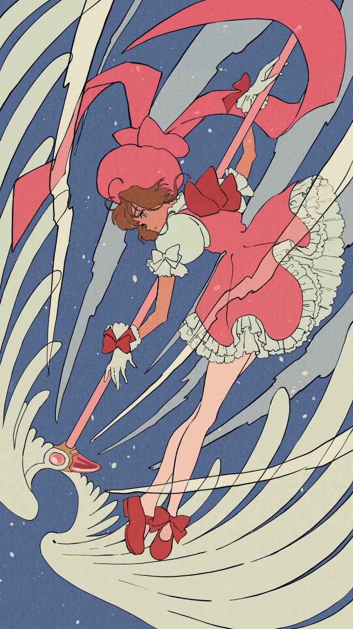 1girl, antenna_hair, back_bow, blue_background, bow, brown_hair, cardcaptor_sakura, dress